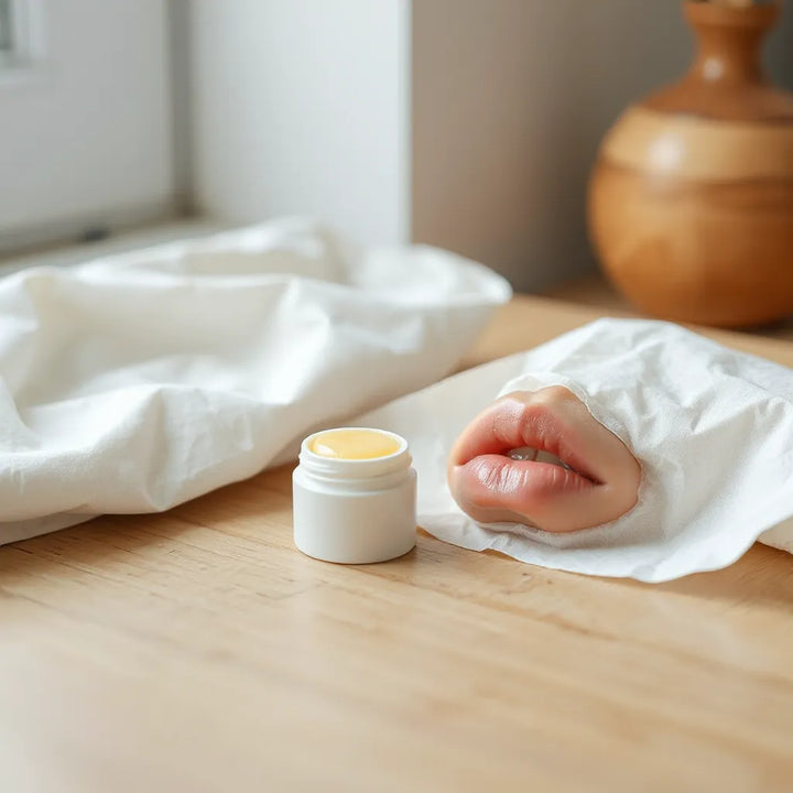 Läppbalsam vid mjuka, lätt glansiga läppar med en liten tub och vävnad i bakgrunden