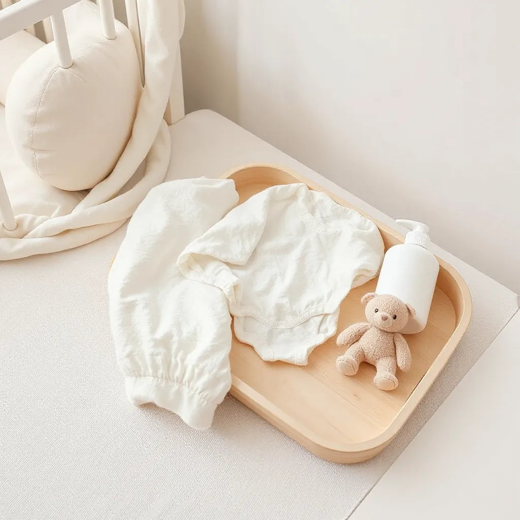 Neutralt babyrum med mjuka textilier och babyprodukter på ett ljust brickbord