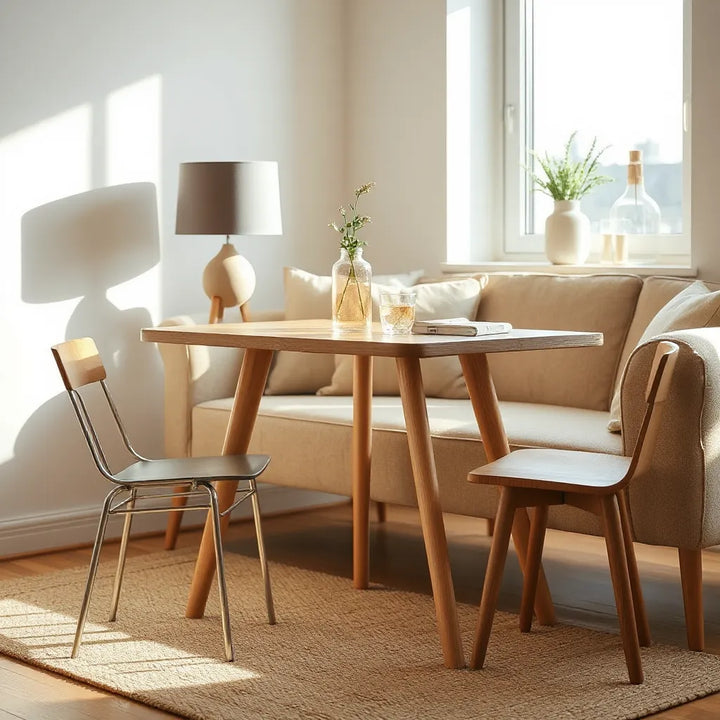 Modernt gaffelbord vid soffgrupp, med naturligt ljus och stilrena tillbehör på bordsskivan