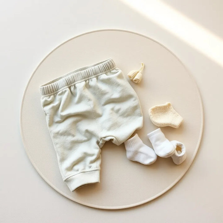 Neatly folded baby pants with elastic waistband and soft fabric texture on a minimalist mat