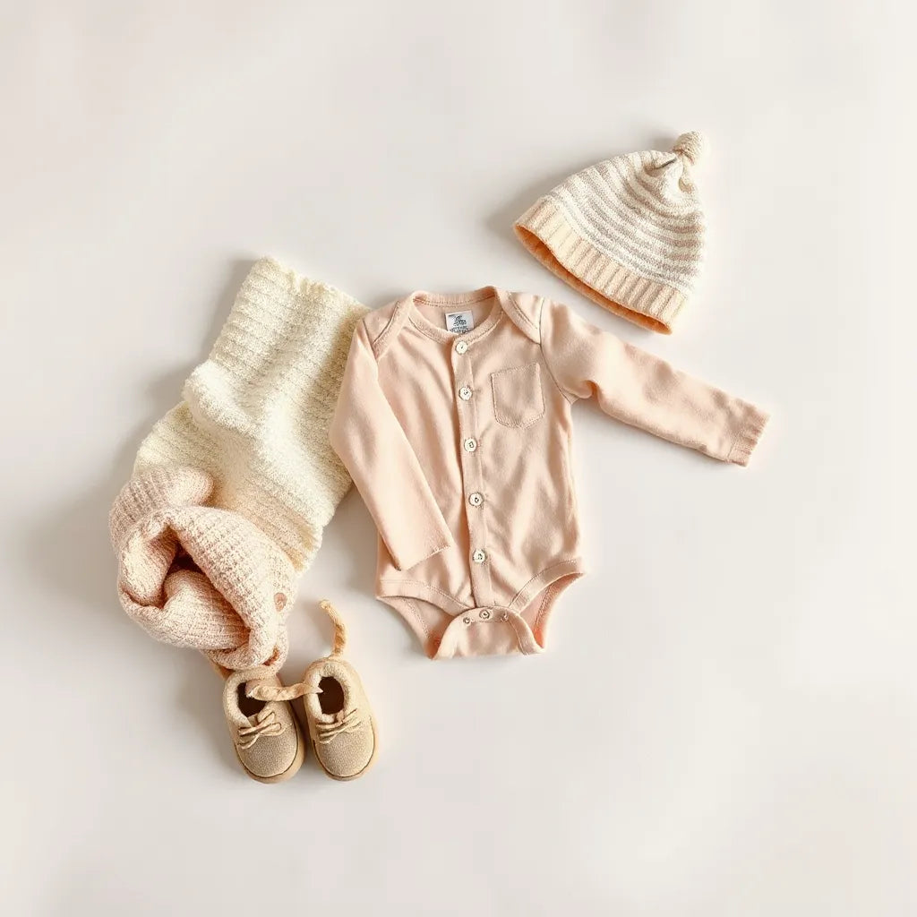 Vikta trendiga babyplagg i neutrala och pastellfärger med mössa och små skor på mjukt tyg