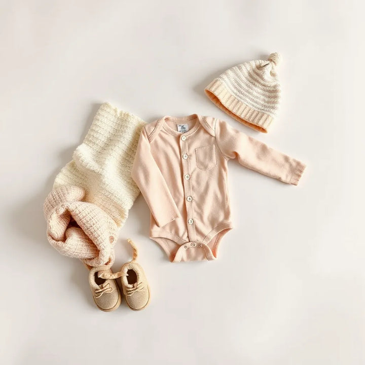 Vikta trendiga babyplagg i neutrala och pastellfärger med mössa och små skor på mjukt tyg