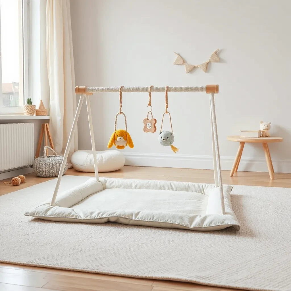 Praktiskt babygym på en mjuk lekmat med upphängda leksaker i ett ljust, barnvänligt rum