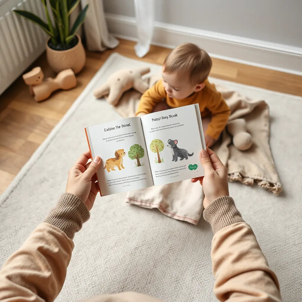 Förälder som håller uppslag i en babybok medan en bebis sitter på en filt