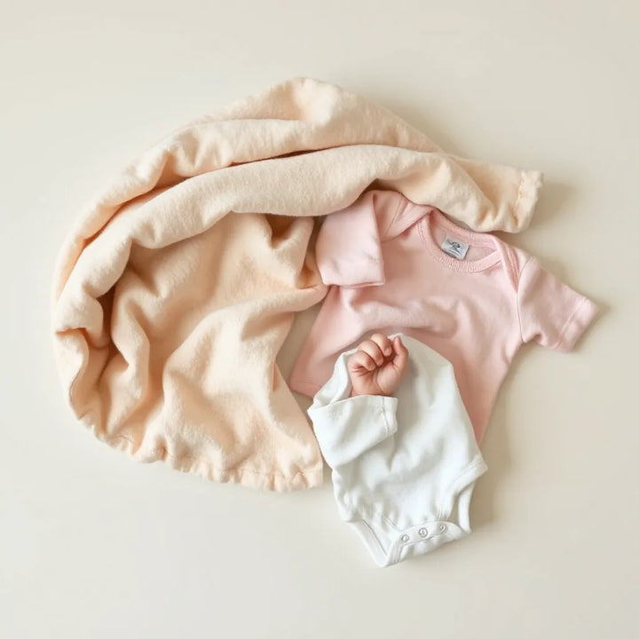 Välfaldad snuttefilt i mjuka färger bredvid en babyleksak och babykläder i neutral belysning