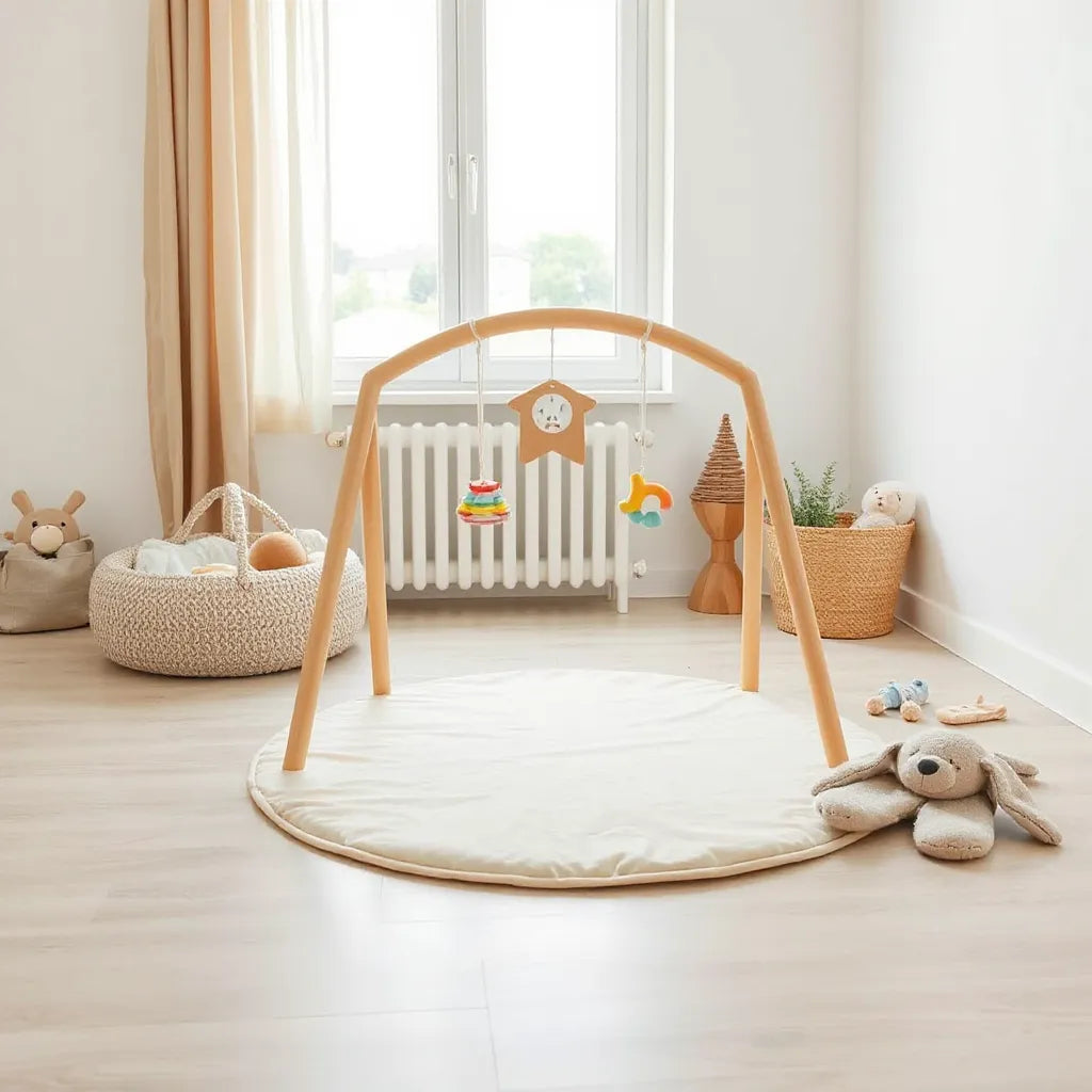 Mjuk babygym matta med leksaksbåge ovanför i ett ljust rum för tryggare golvlek