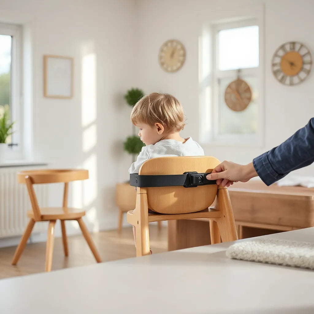 Klämmatstol monterad på bordskant i ett ljust kök med fokus på säker fastsättning