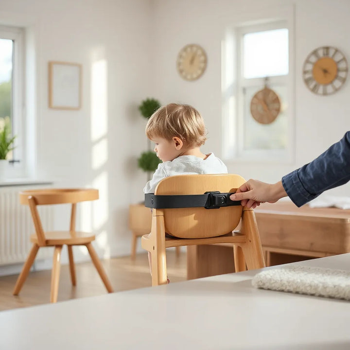 Klämmatstol monterad på bordskant i ett ljust kök med fokus på säker fastsättning