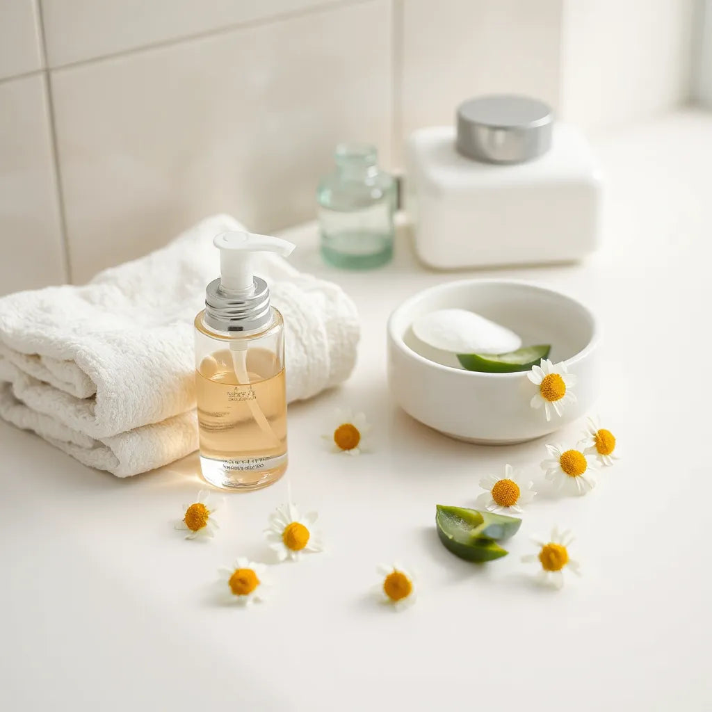 Fragrance-free hudvårdsprodukter och mjuka bomullspads på en ren badrumsbänk med aloe och kamomill