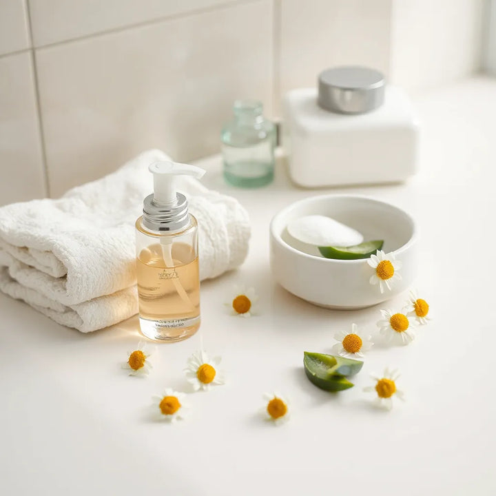 Fragrance-free hudvårdsprodukter och mjuka bomullspads på en ren badrumsbänk med aloe och kamomill