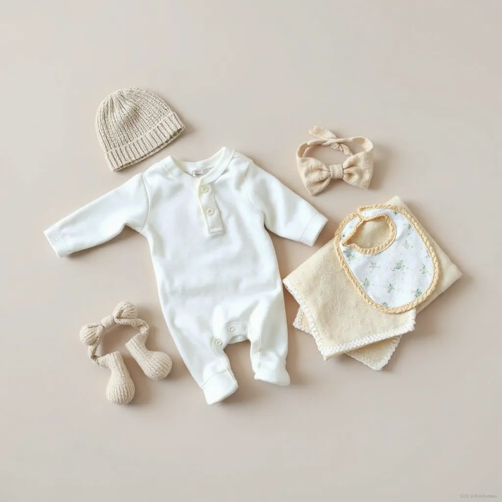 Neutralt babyoutfit med trendiga accessoarer som mössa, haklapp och mjuk filt