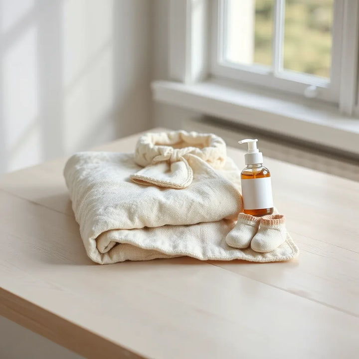 Neutralt hemfoto med vikta babyaccessoarer, filt, mössa och haklapp på trähylla