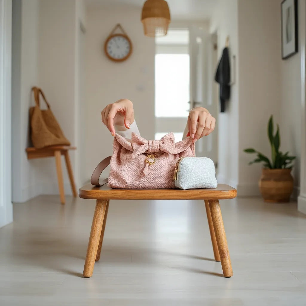 Händer som ordnar barnaccessoarer på bänk i ljust hem med neutrala toner