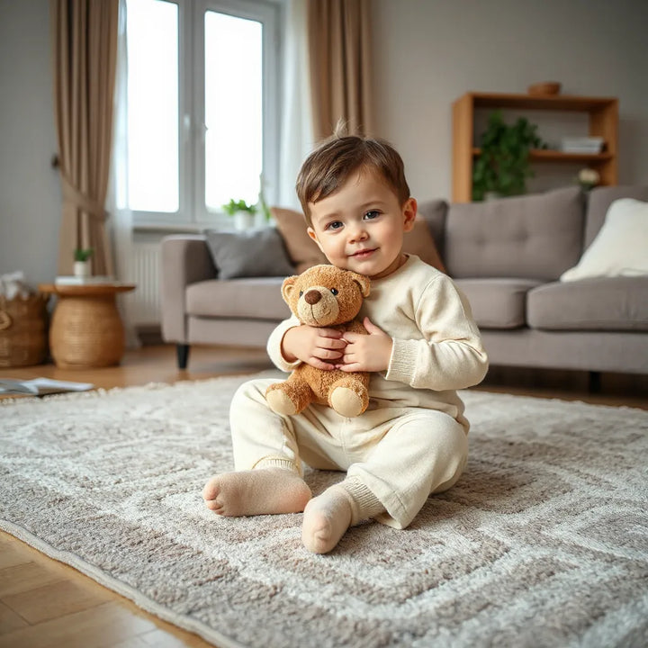 Litet barn sitter mysigt på golvet och kramar ett mjukt kramdjur nära soffan