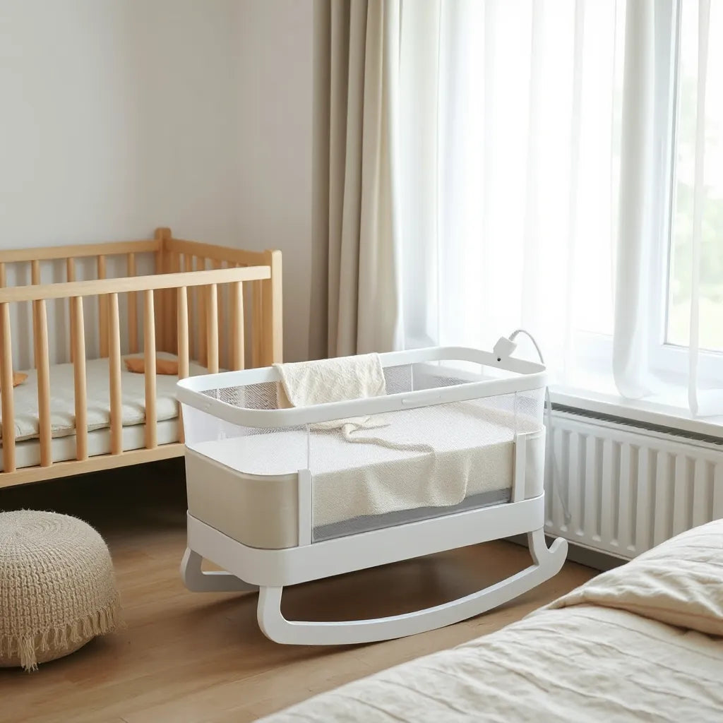 Modern elektrisk babyvagga i ljus barnkammare med en mjuk filt i vaggan