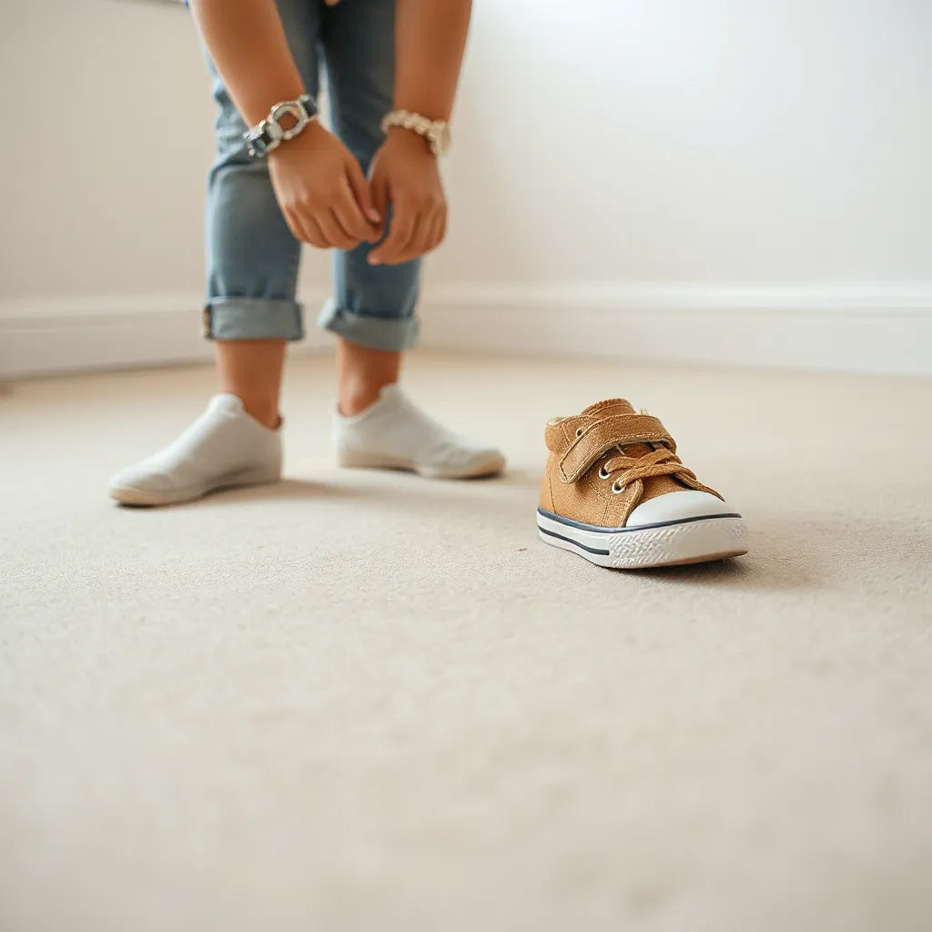 Barnskor på golvet bredvid ett barn med sockor, med fokus på passform och snörning