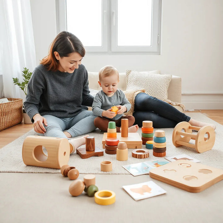 Litet barn och vuxen på en lekmat med sorteringsleksak, klossar och stapelringar