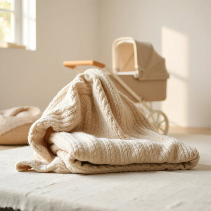 Mjuk snuttefilt i neutrala toner över ett babyunderlägg i ett ljust, lugnt barnrum