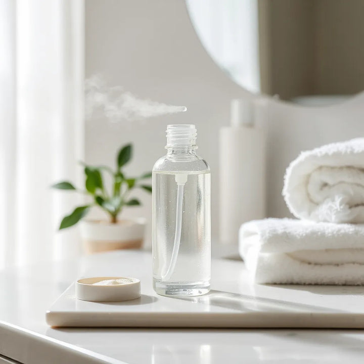 Uppfriskande ansiktsdimma som sprids från en glasflaska i mjukt dagsljus på en ren bänkyta