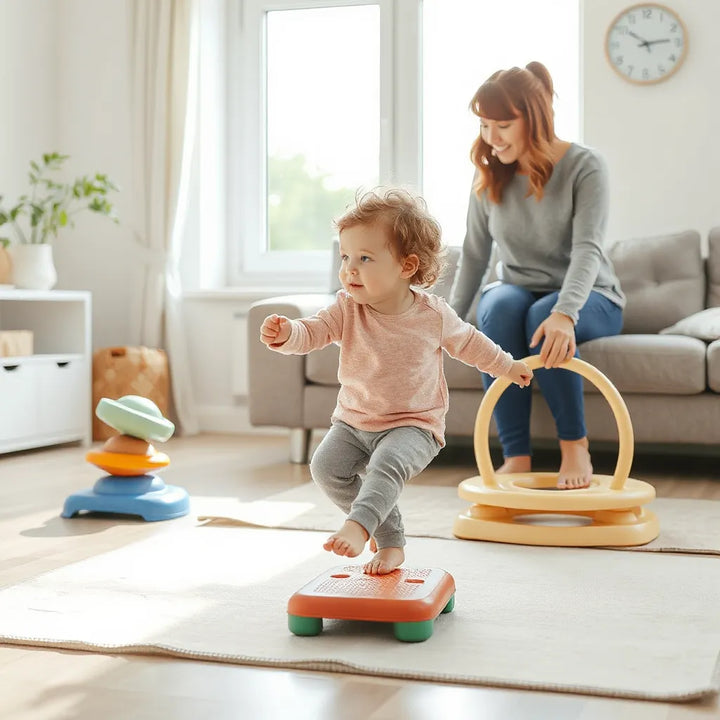 Barn som leker aktivt med balans- och rörelseleksaker i ett ljust vardagsrum