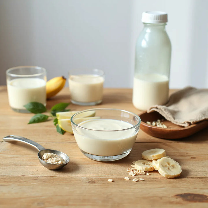 Skål med veganskt proteinpulver och en mätslev på bordet bredvid en shakerflaska