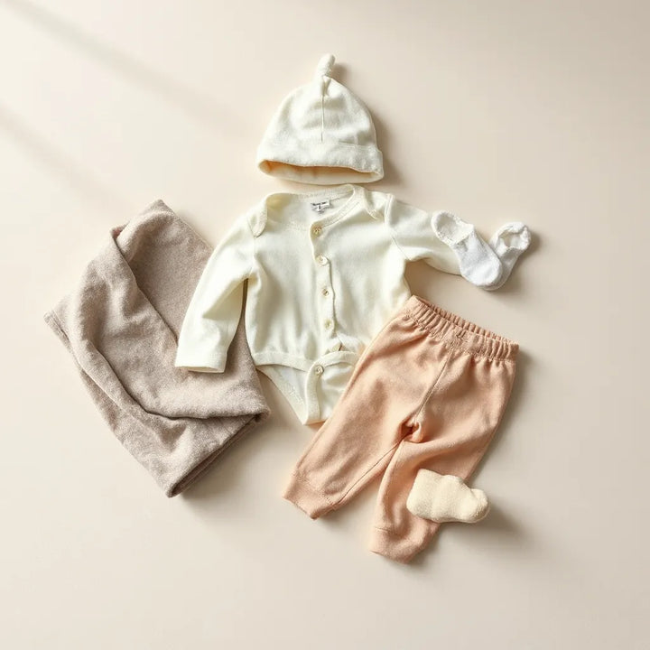 Neutralt uppdukad babyoutfit med bodysuit, byxor, mössa och mjuk filt i dagsljus
