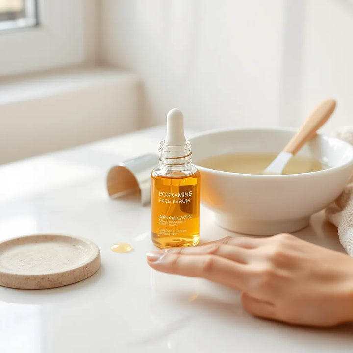 Glasflaska med anti-aging serum, droppare och några droppar på ett finger vid en ren spegel