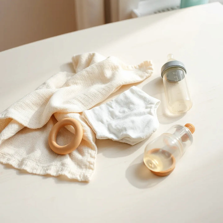 Ekologiska babyprodukter som filt, tygblöja, bitring och flaska på en ljus träyta i ett barnrum