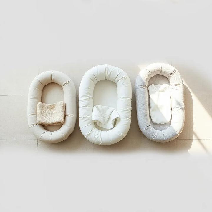 Flera babynest i olika former och material bredvid varandra i ett neutralt babyrum