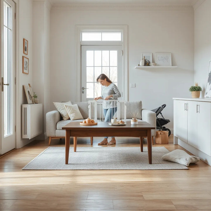 Översikt av barnsäkerhet hemma med grind, uttagsskydd och hörnskydd runt en lekplats