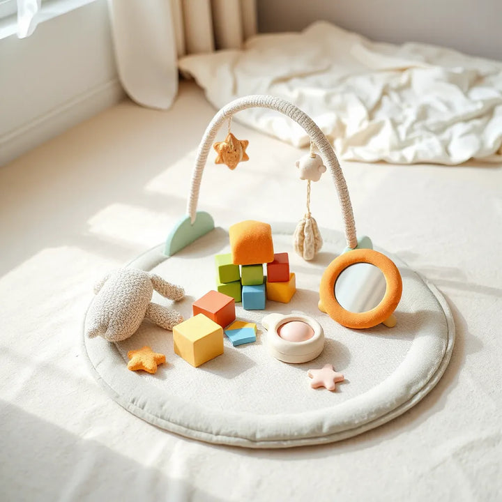 Baby-leksaker och mjuka tillbehör på en lekmatta i ett ljust barnrum