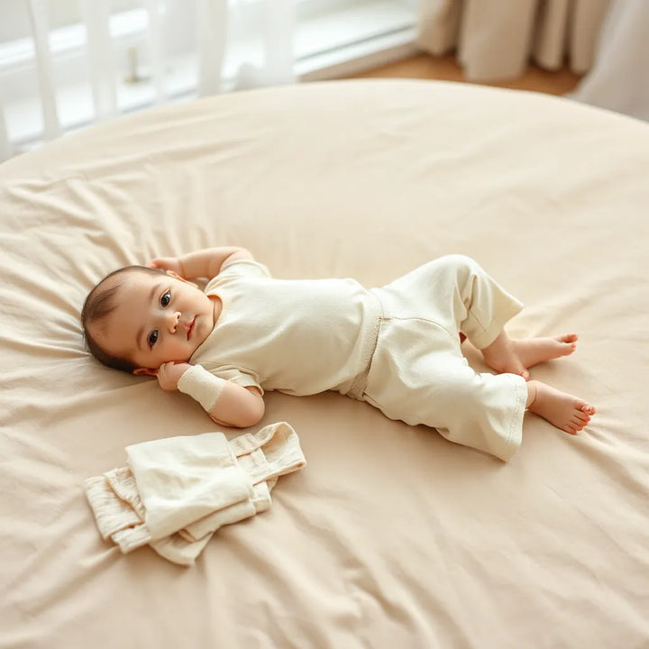 Baby in soft, breathable clothing on neutral bedding with folded clothes nearby