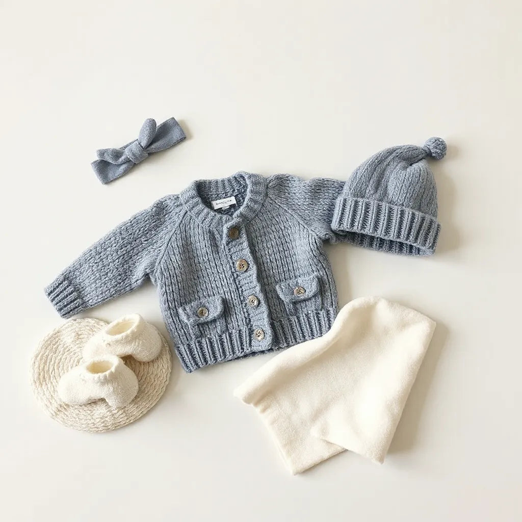 Mjuka babyaccessoarer som filt, mössa och tygskor på en neutral bakgrund