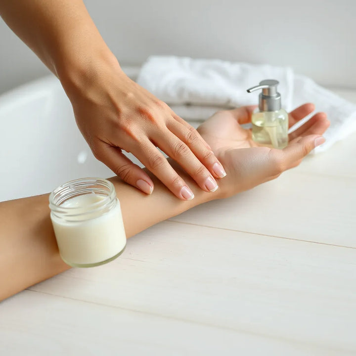 Krämig återfuktande bodylotion som smörjs in på underarm för mjuk och återfuktad hud