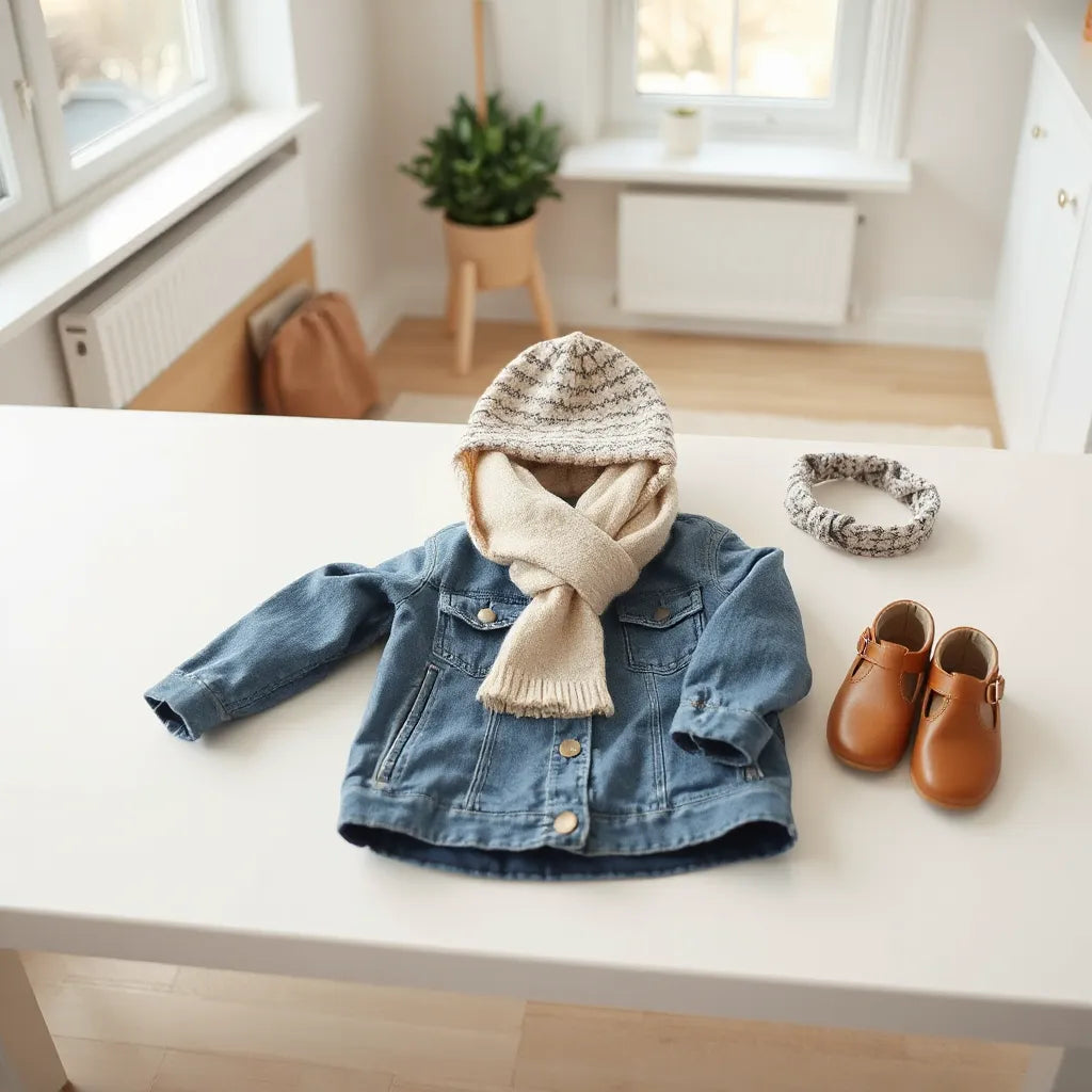 Barnaccessoarer som matchar en outfit: mössa, scarf, hårband och små skor på en neutral bakgrund