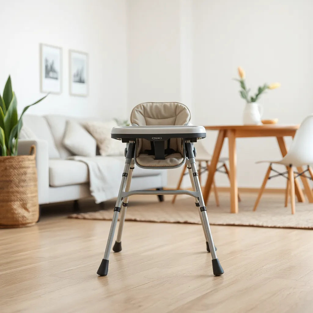 Bärbar matstol redo för måltid i ett ljust hem, med säkerhetssele och fällbar sits