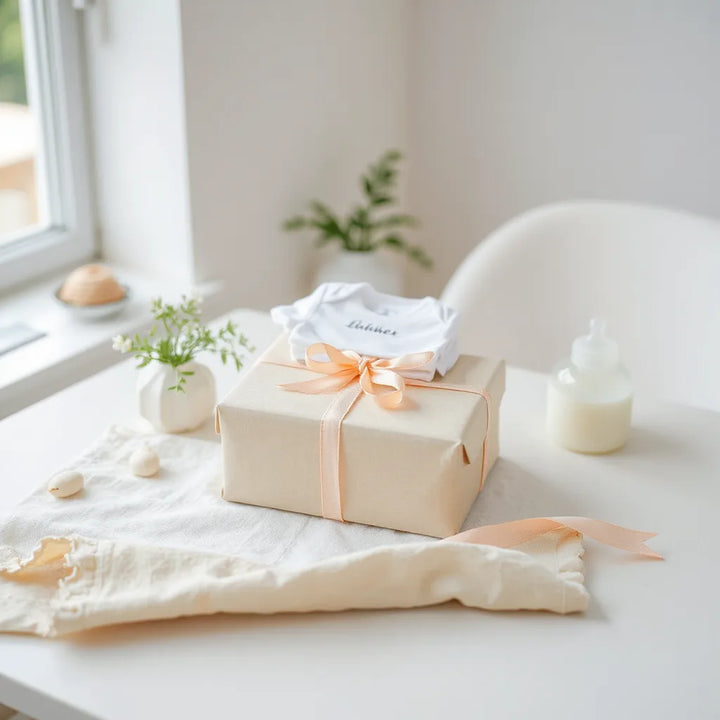 Nytt paket med babyprylar och mjuk presentinslagning i ljus, avskalad miljö