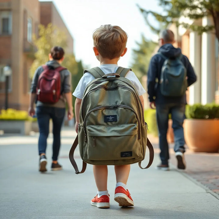 Barn med välpassad ryggsäck på väg till skolan, med justerbara axelremmar synliga