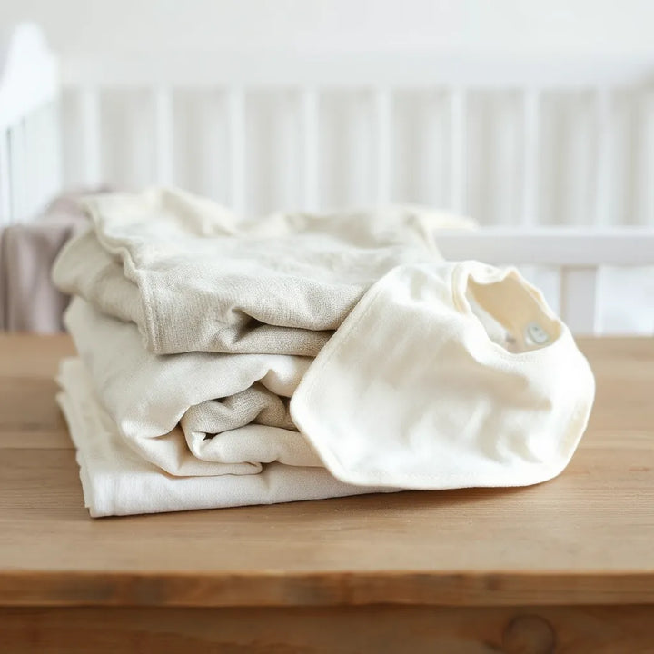 Staple av mjuka ekologiska bomullskläder och babytextil på träyta i ljummet dagsljus