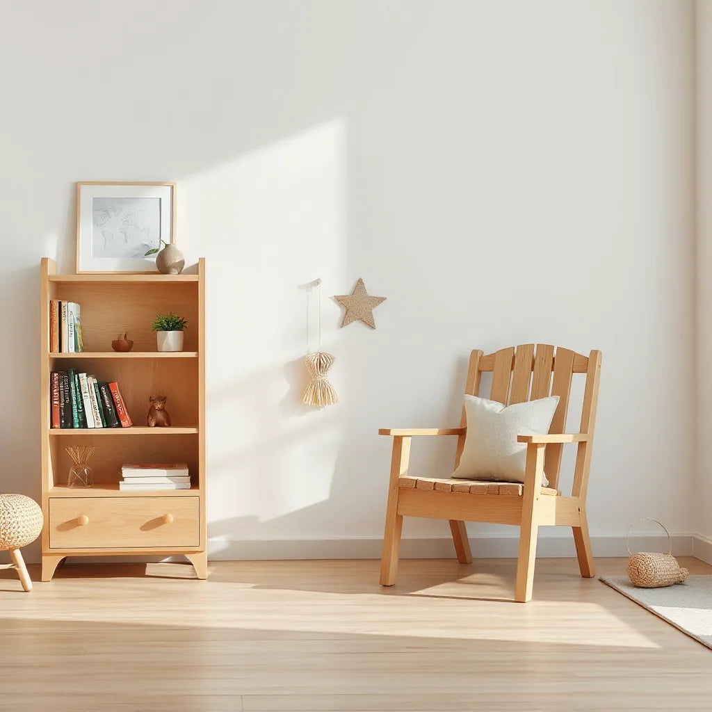 Trämöbler för barn med bokhylla och stol i ett ljust, minimalistiskt vardagsrum
