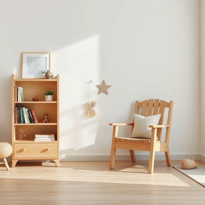 Trämöbler för barn med bokhylla och stol i ett ljust, minimalistiskt vardagsrum