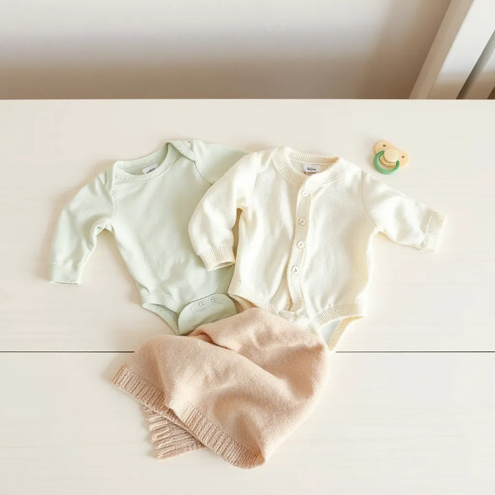 Söta babykläder av naturtyger, vikta på en ljus skötbädd med filt i mjuka färger
