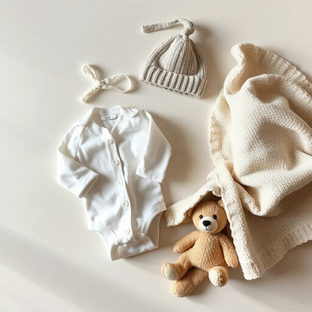 Söta hopvikta babykläder och mjuk filt på ljus, lugn bakgrund