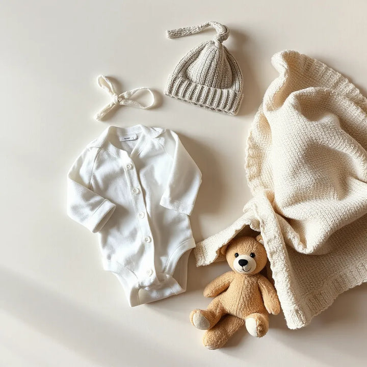 Söta hopvikta babykläder och mjuk filt på ljus, lugn bakgrund