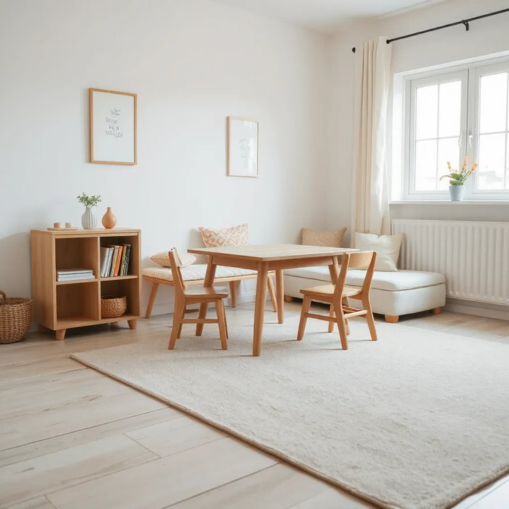 Skandinavisk barnrumsmiljö med designade trämöbler, sittgrupp, bokhylla och förvaringsbänk