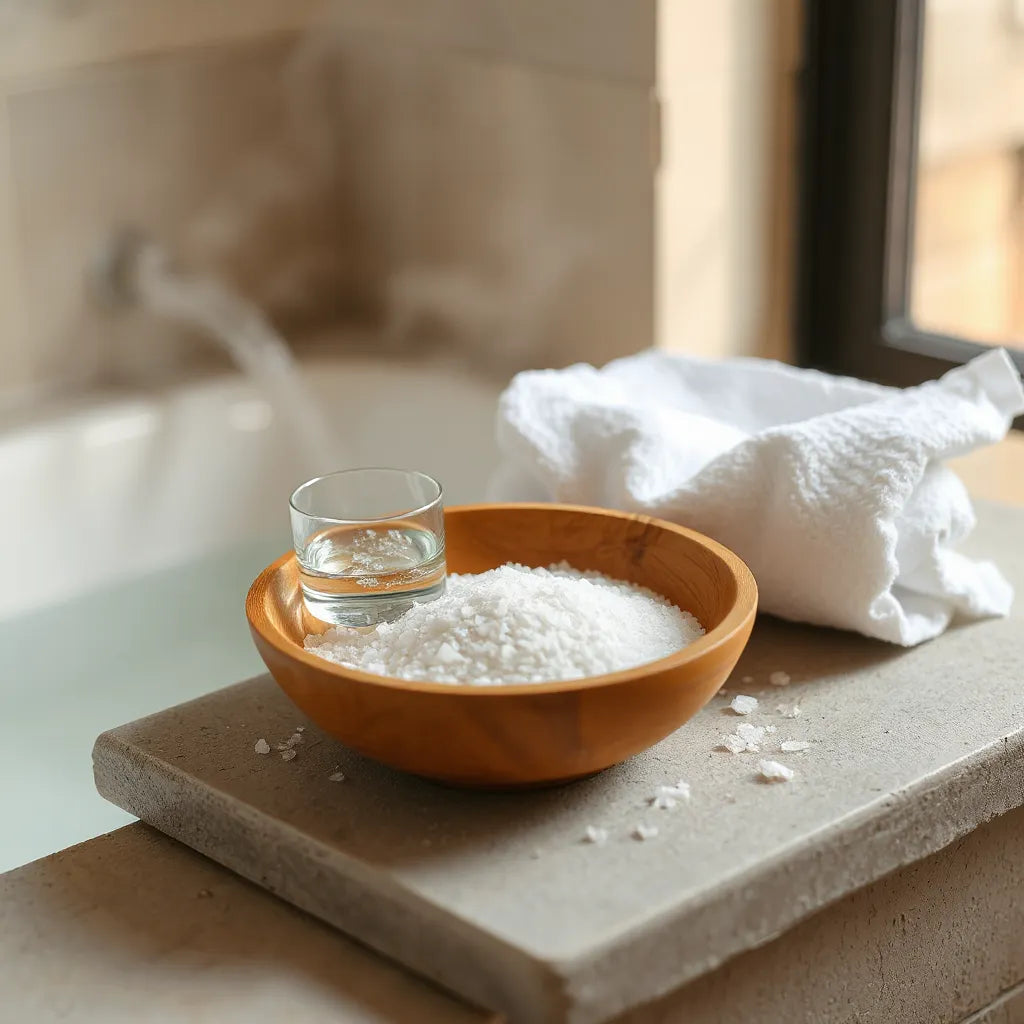 Skål med ljus badsalt på stenbänk i lugn spa-miljö med handduk och svag ånga