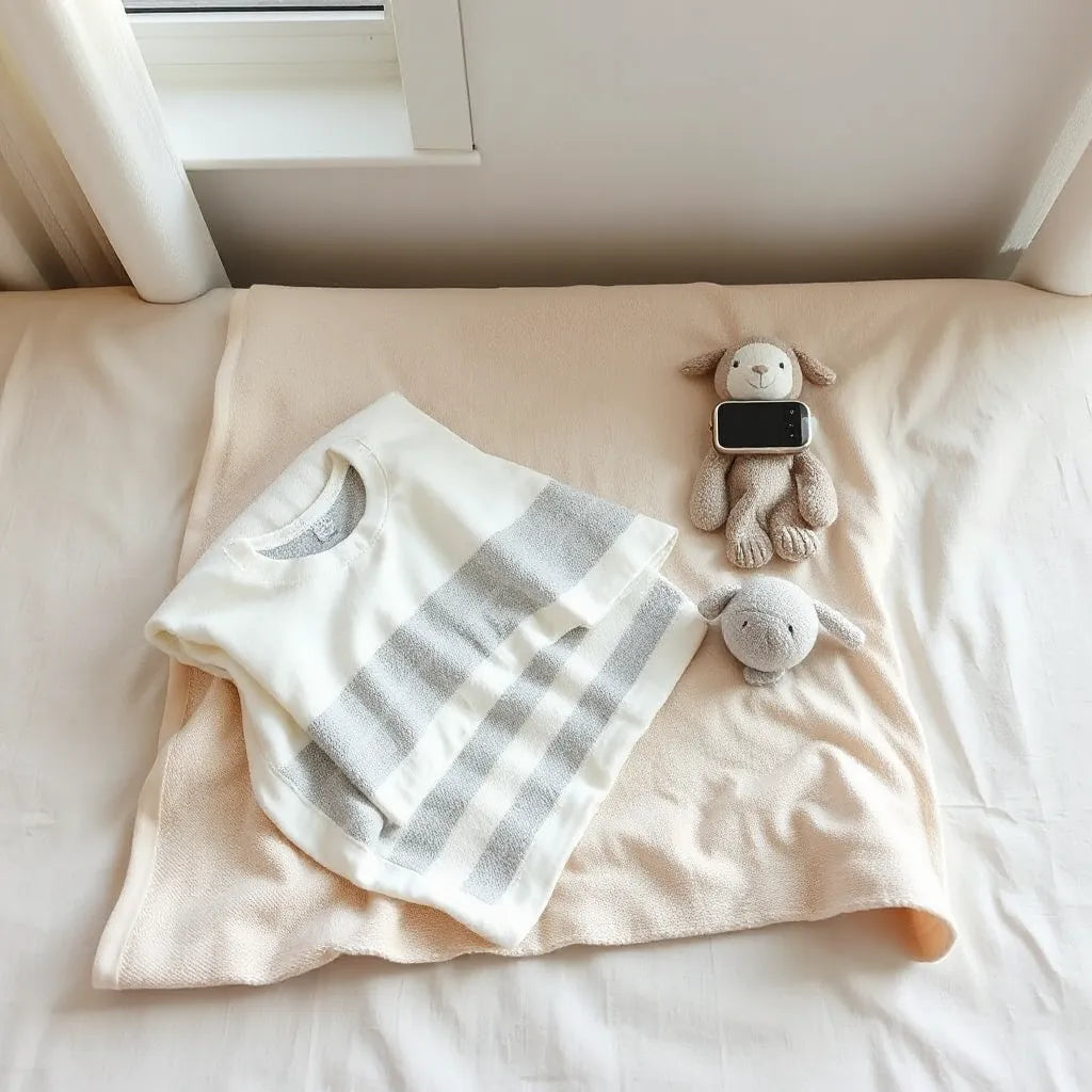 Moderna babytillbehör som filtar och sovutrustning på en neutral bädd i ett ljust barnrum