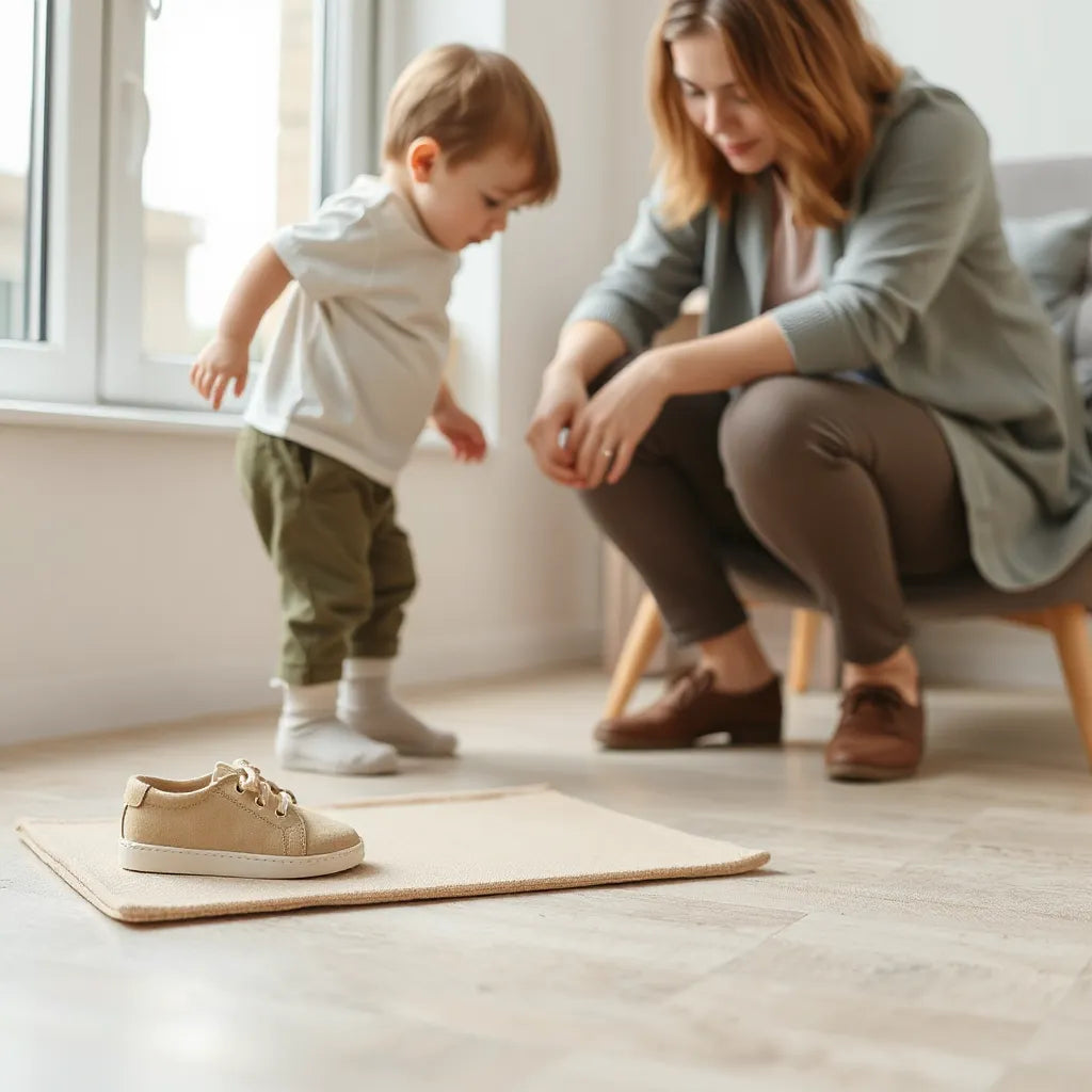 Förälder hjälper bebis och barn att prova mjuka skor inomhus nära fönster