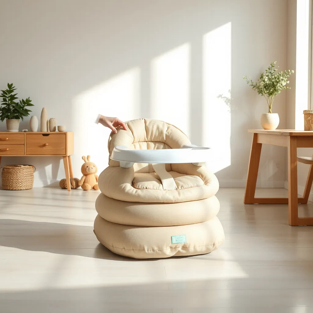 Uppblåsbar babystol i vardagsrumsmiljö med synligt säte och stöd nära matplats