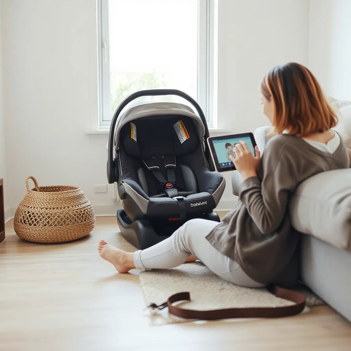 Förälder granskar bilbarnstol och babyskydd på surfplatta hemma med säkerhetsdetaljer synliga